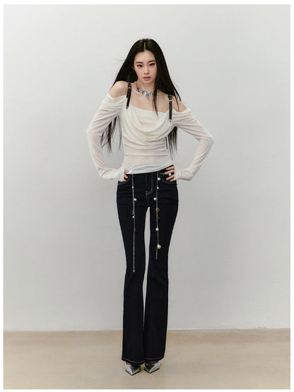 Draped Neck Leather Strap Acetate One-shoulder T-shirt - CHINASQUAD