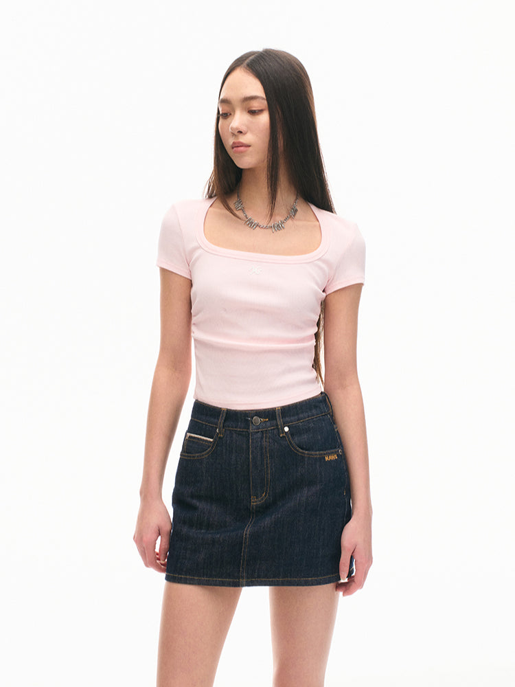 Ice Silk Ribbed Waist Cinching Round Corner T-Shirt