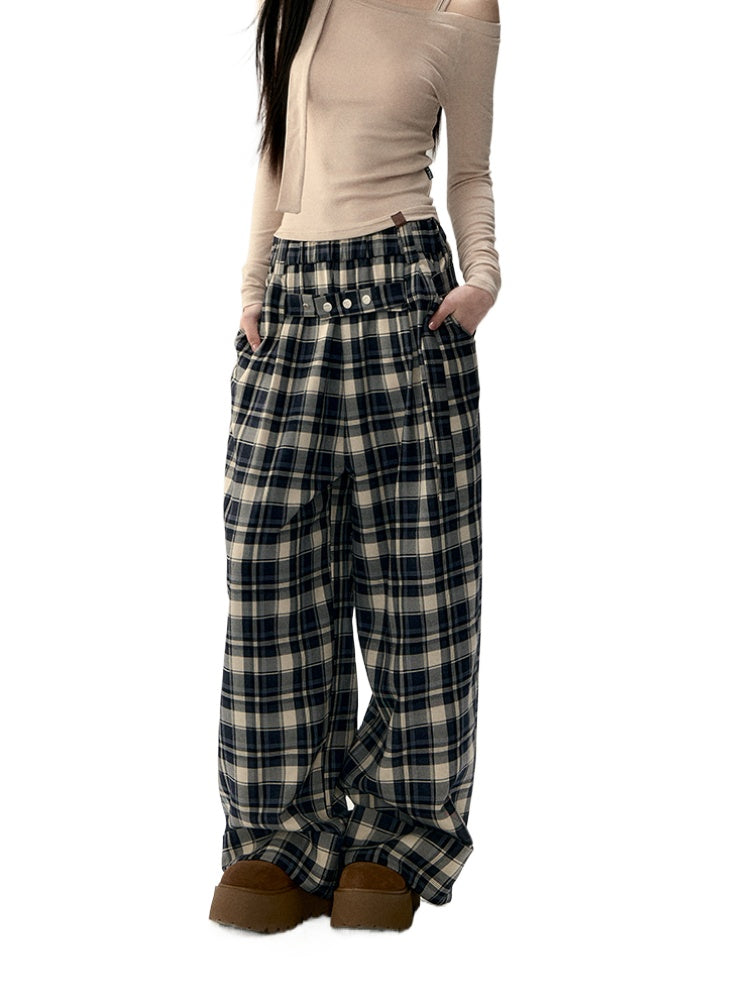 Pleated Belted Plaid Casual Pants