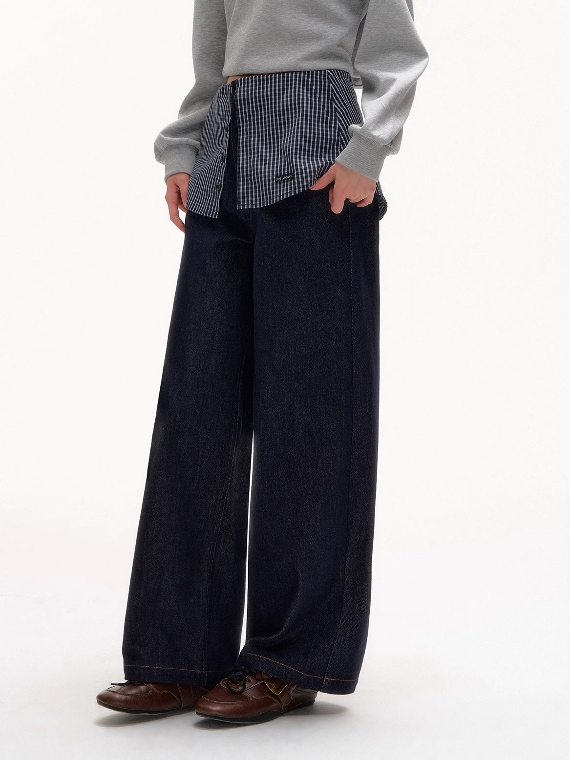 Plaid Patchwork Faux Two-Piece Straight-Leg Jeans