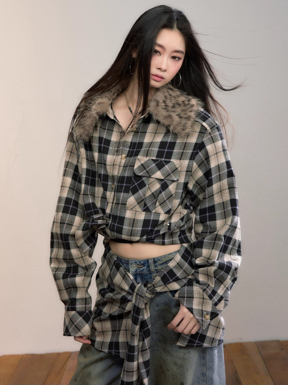 Plaid Detachable Fur Collar Two-Piece Shirt Set