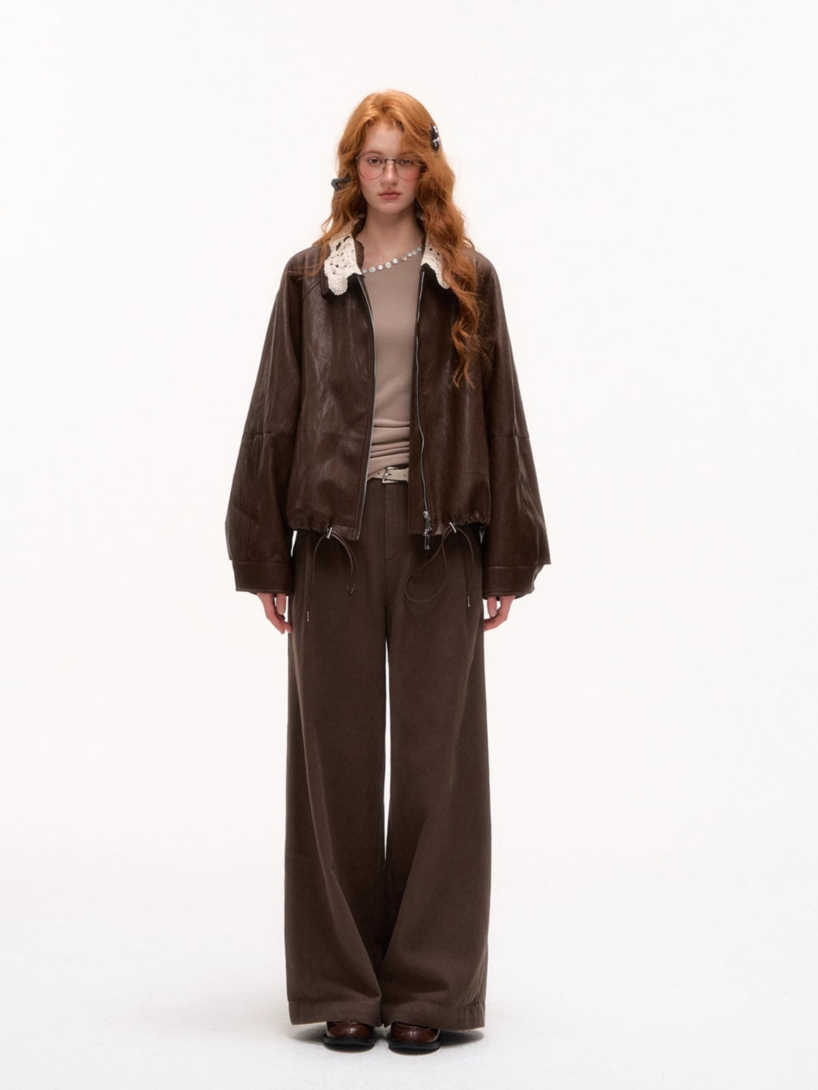 Plaid Cuff Belted Wide-Leg Trousers