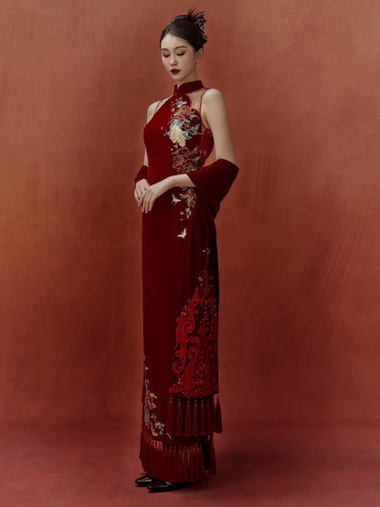 Crimson Embroidered Illusion Back Cheongsam Dress