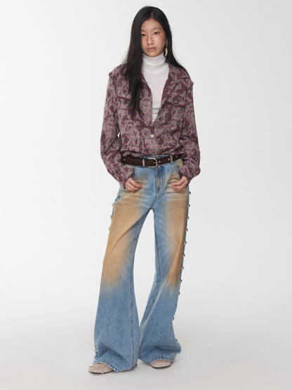 Washed Plaid Frayed-Edge Fitted Shirt