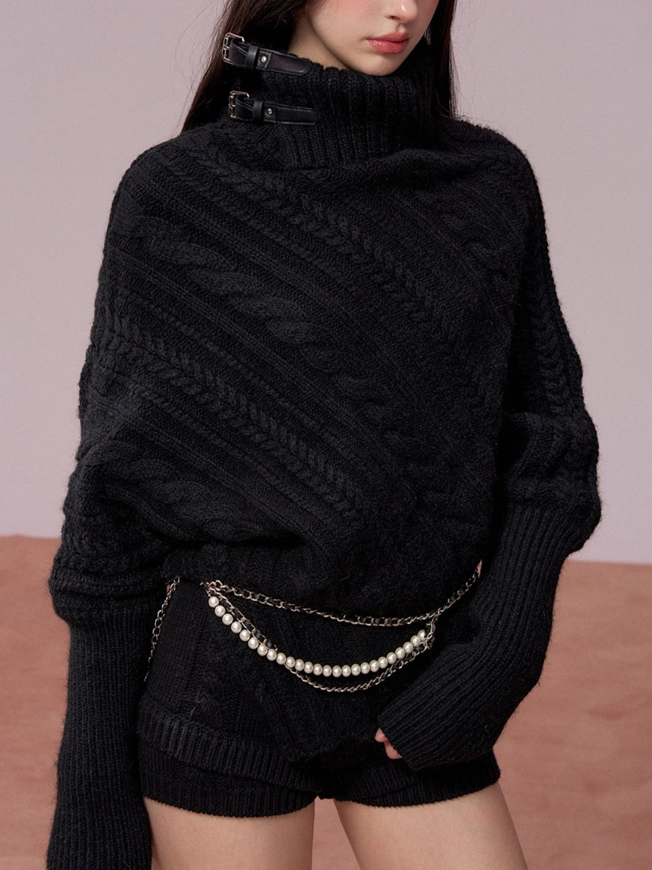 Leather-Buckle Thickened Cape Sweater