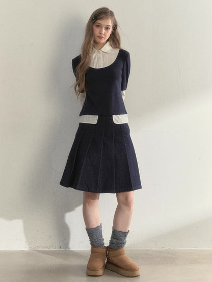 Navy Layered Long-Sleeve Knit Shirt