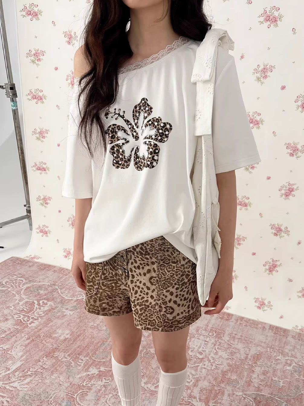 Leopard Rhinestone One-Shoulder T-Shirt