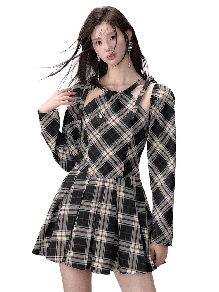 Black Plaid A-line Halter Mini Dress - CHINASQUAD