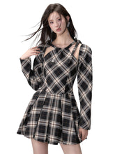 Black Plaid A-line Halter Mini Dress - CHINASQUAD