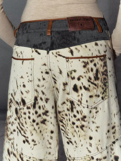 American Leopard Print Wide-Leg Denim Pants