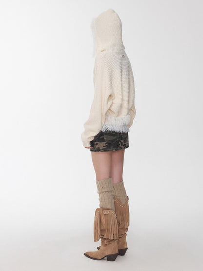 Fringe Knit Vest &amp; Hooded Sleeveless Set