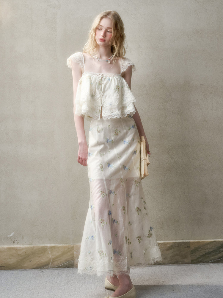 Lace Embroidery Flower French - Style Shirt &amp; Skirt Set
