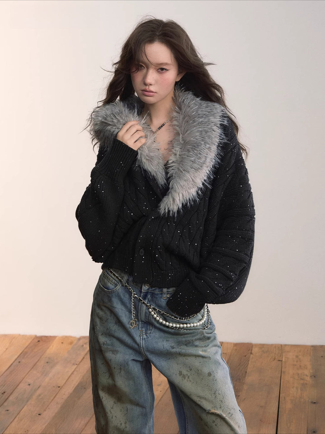 Detachable Faux Fur Collar Knit Cardigan