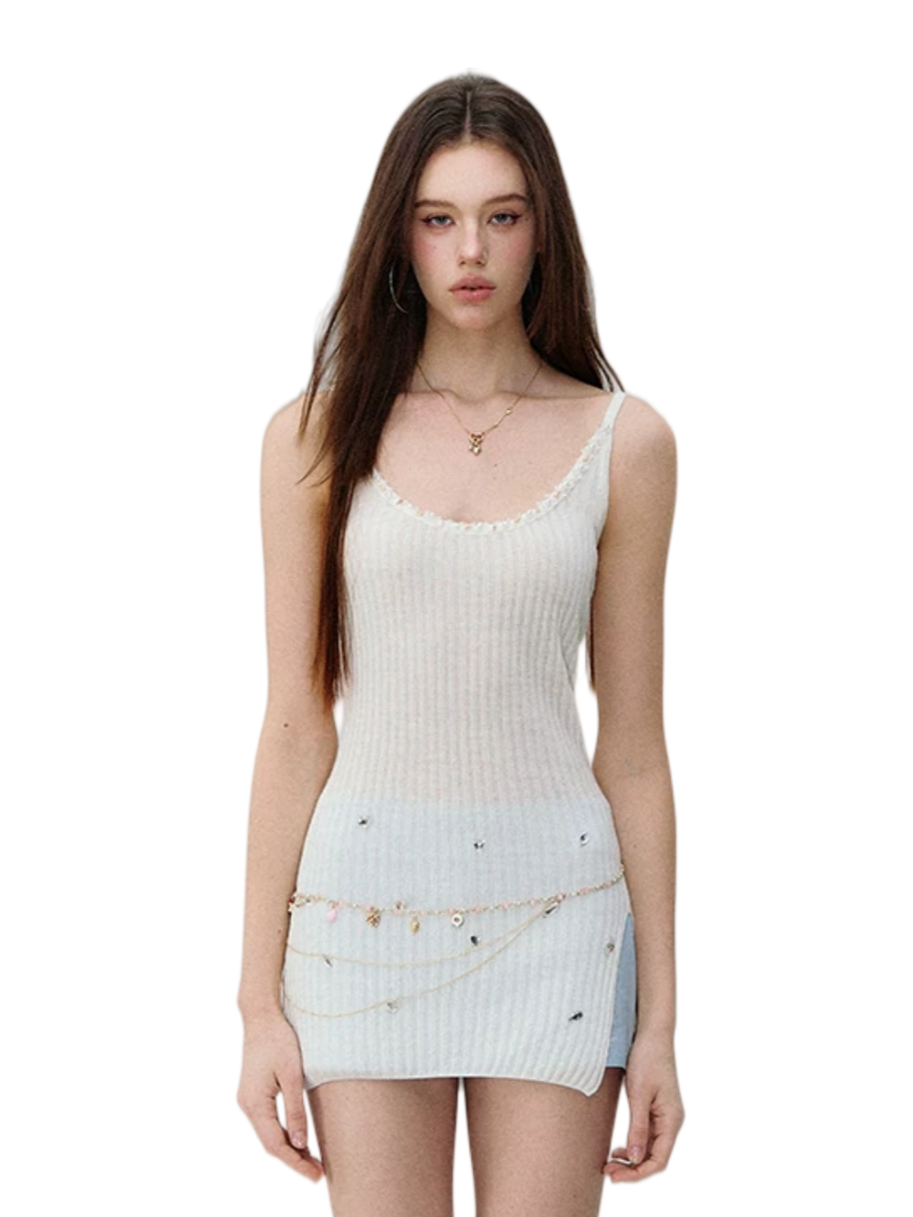 Crystal-Embellished Ribbed Knit Side-Slit Camisole Dress