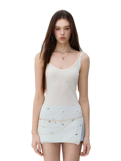 Crystal-Embellished Ribbed Knit Side-Slit Camisole Dress