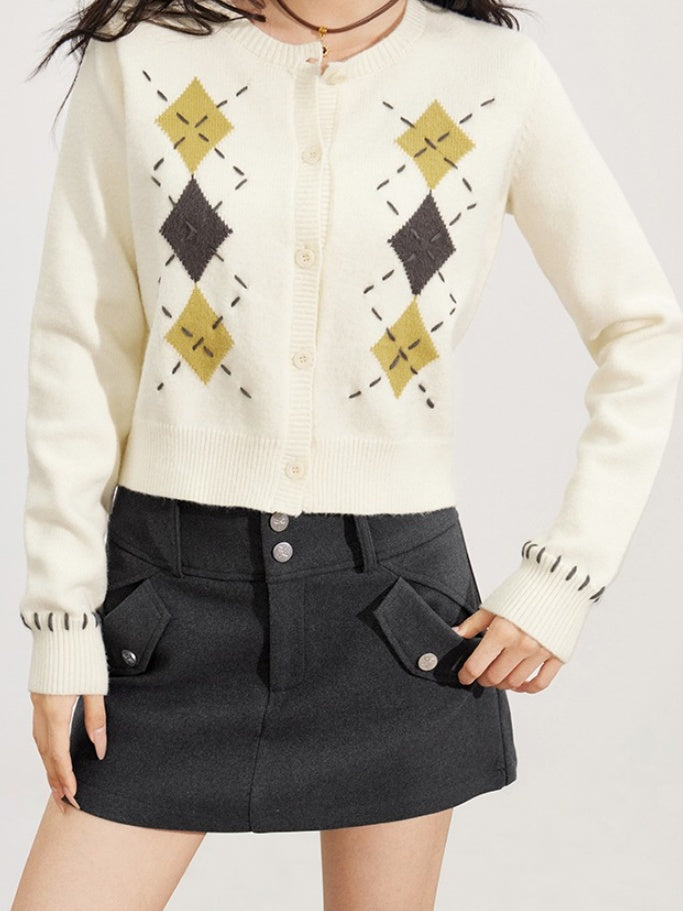 Hand-Stitched Argyle Knit Cardigan