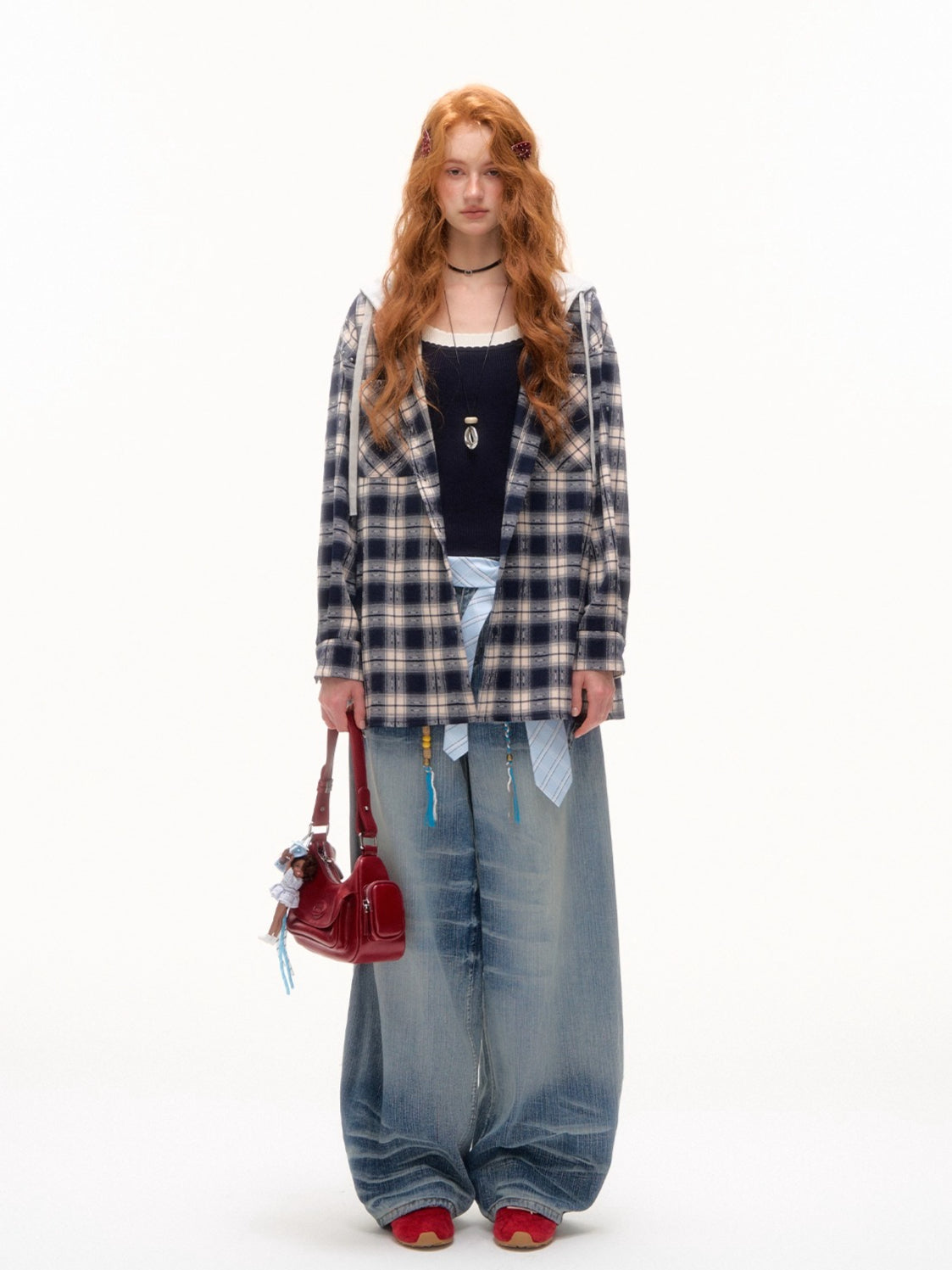 Vintage Plaid Contrast Hooded Shirt