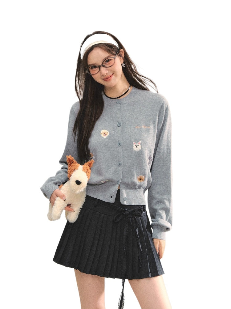 Dog Embroidery Crew Neck Knit Cardigan
