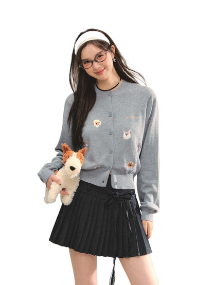 Dog Embroidery Crew Neck Knit Cardigan