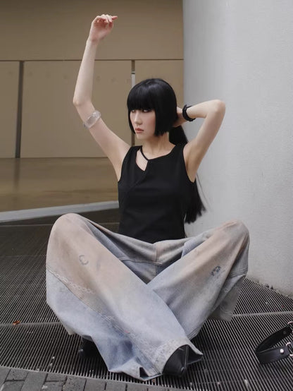 3D Ocean Print Oversized Denim Pants