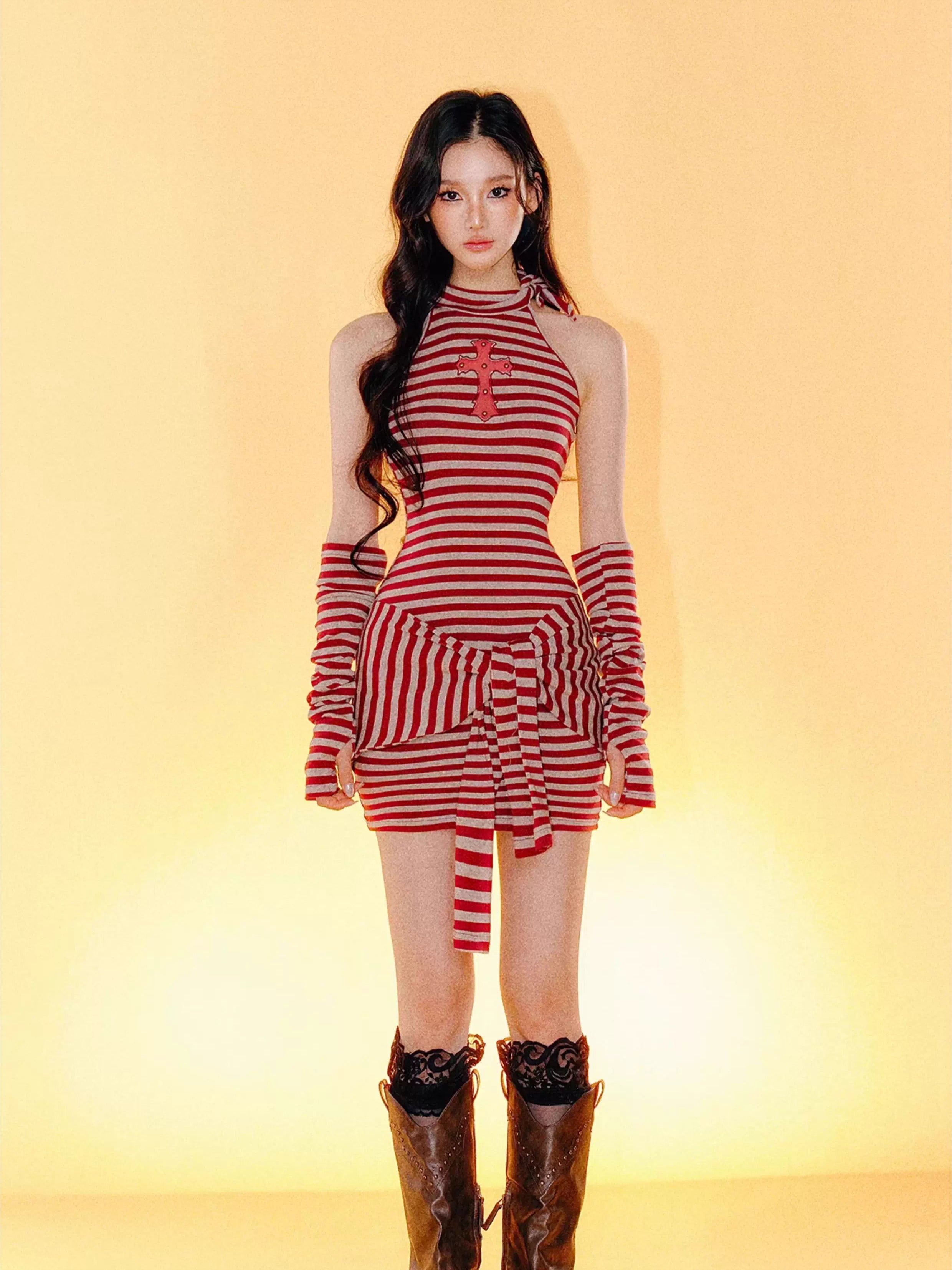 Cross Mesh Cut-Out Striped Knit Dress