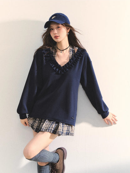 V-neck Ruffle Plaid Spliced Halter Sweatshirt