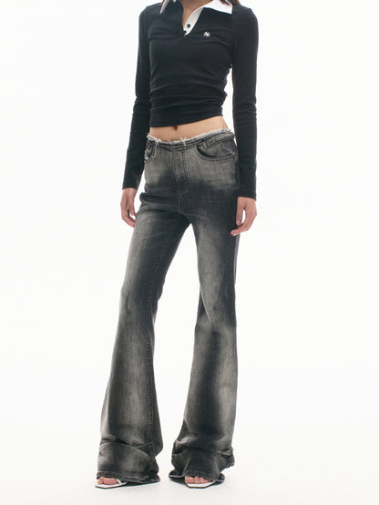 Heavy Washed High-Stretch Flared Jeans