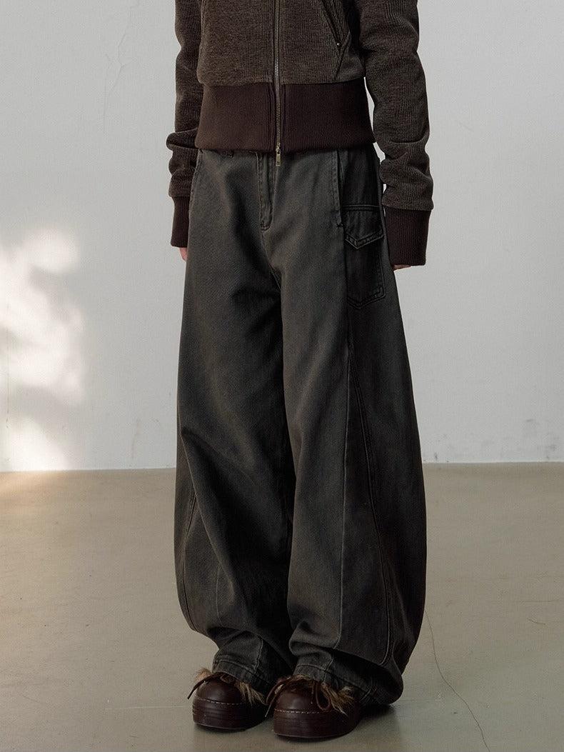 Vintage-Wash Curved Wide-Leg Pants