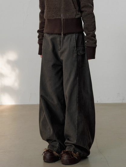 Vintage-Wash Curved Wide-Leg Pants