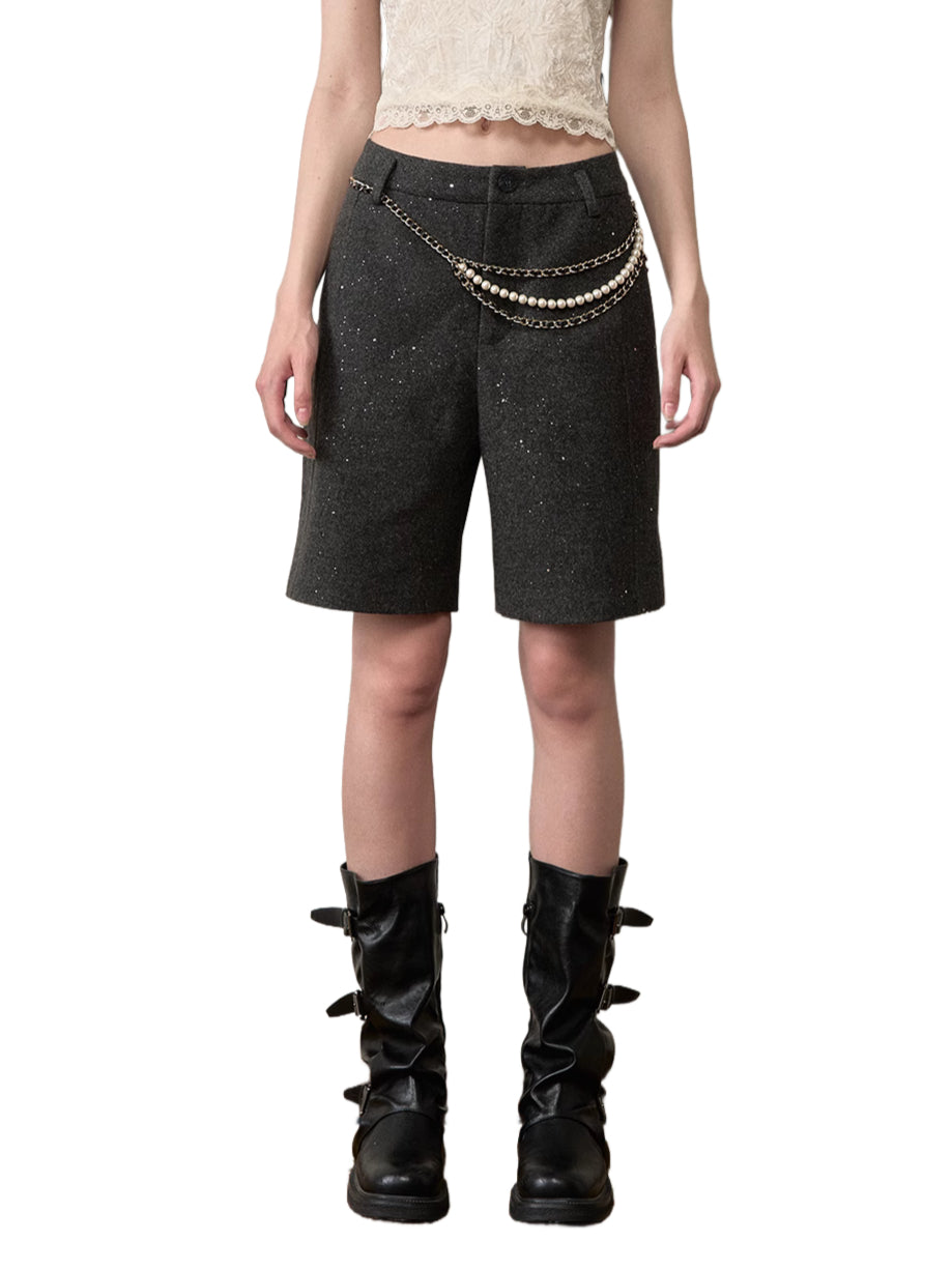 Irregular Silver-Dot Wool Blend Loose Shorts