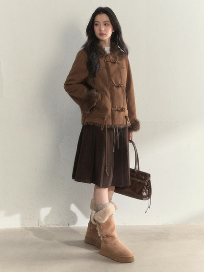 Oak Brown Suede Embroidered Shearling Jacket