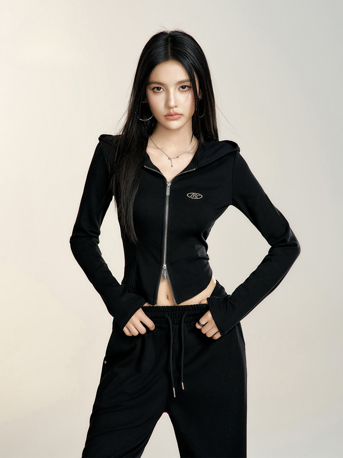 Black &amp; White Hooded Long-sleeve Zip-up Jacket &amp; Pants Set