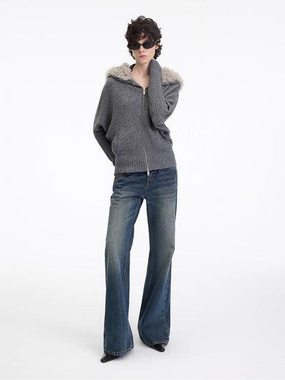 Wool-Blend Hooded Faux Fur Collar Knit Jacket