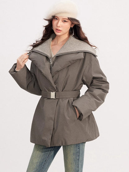 Belted Contrast-Knit Collar Down Coat