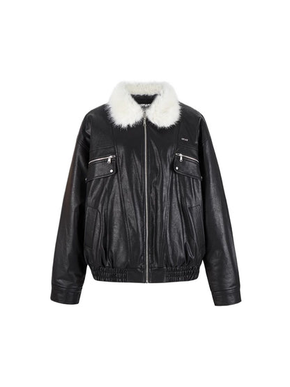 Black &amp; White Vintage Silhouette Collar Moto Jacket