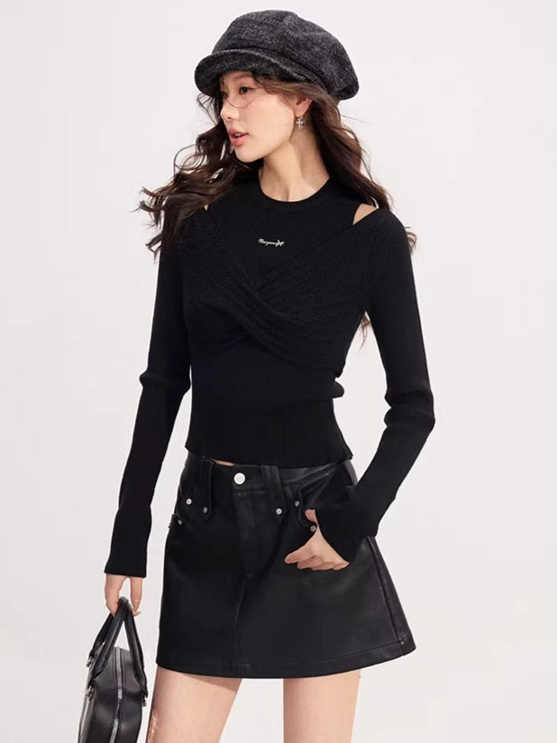 Bow Cable-Knit Vest Long-Sleeve Two-Piece Set