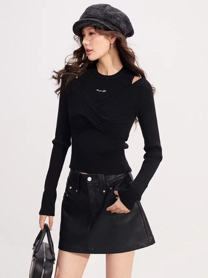 Bow Cable-Knit Vest Long-Sleeve Two-Piece Set