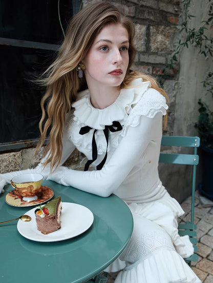 Lace Ruffle Knit Top &amp; Midi Skirt Two-Piece Set