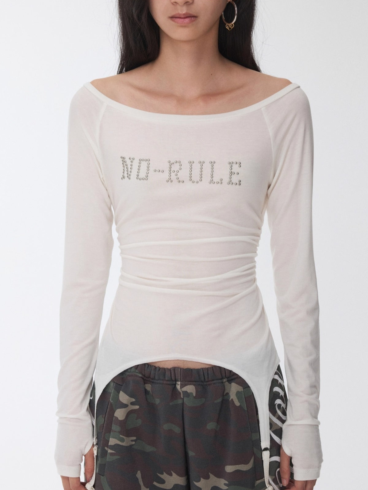 Crystal-Studded Boat-Neck Knit Blouse