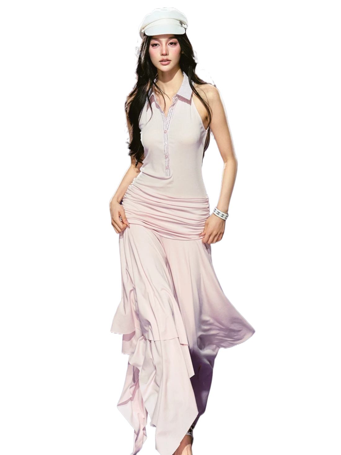 Vintage-Inspired Irregular Hem Shirt-Collar Sleeveless Maxi Dress