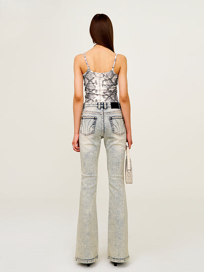Retro Washed Elastic Flared Mid-Waist Long Pants