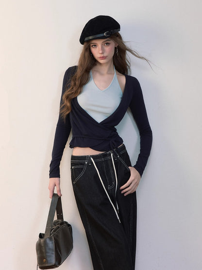 Fake Two-Piece Color-Blocked Strappy T-Shirt - CHINASQUAD