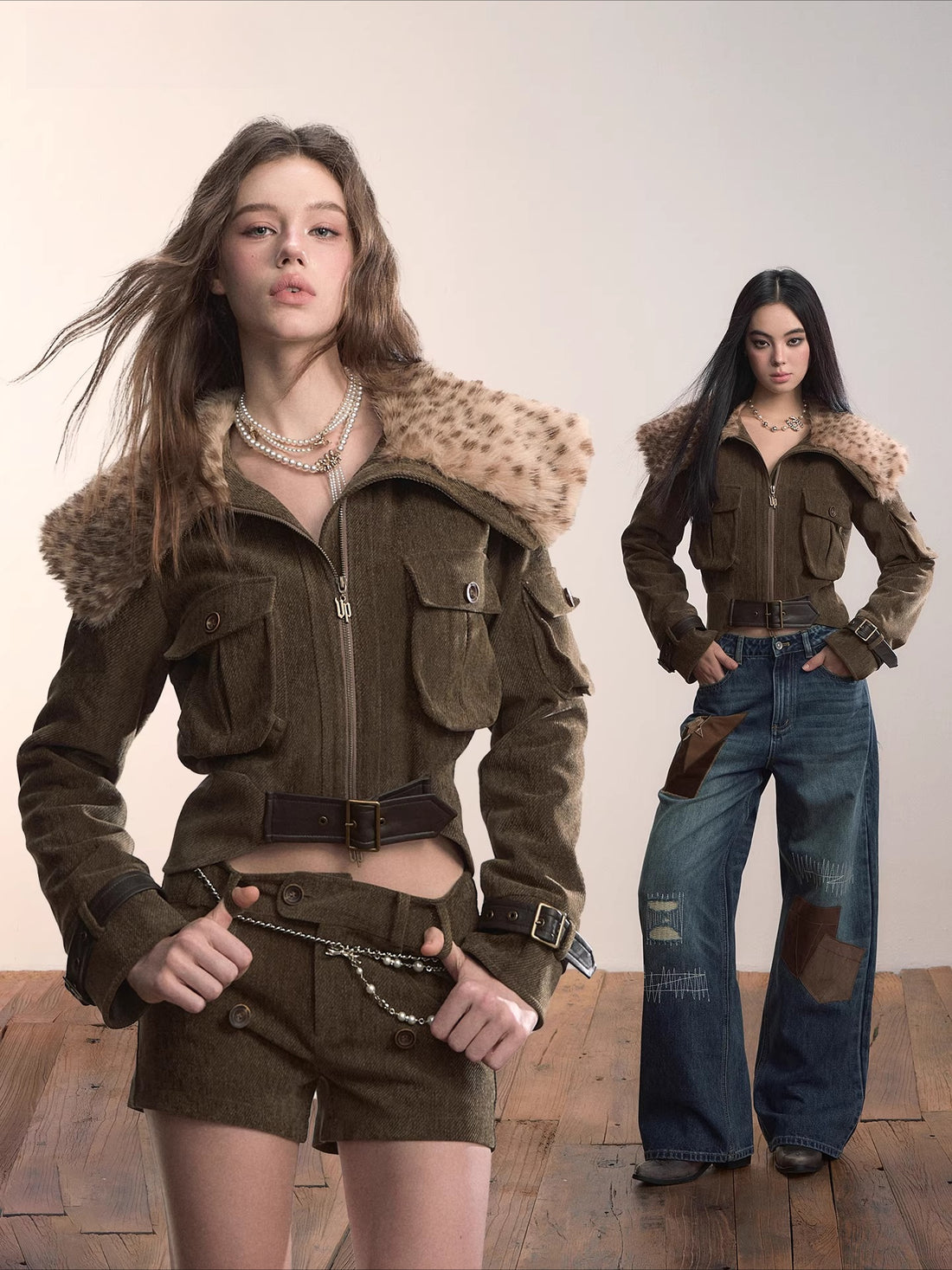 Leopard Faux Fur Collar Belted Puffer Jacket