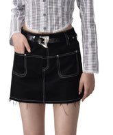 Black Denim 2-in-1 Studded Frayed Mini Skirt - CHINASQUAD