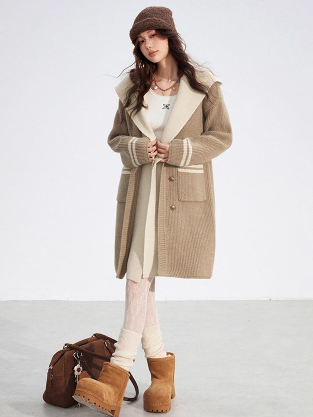 Detachable Collar Knit Hooded Long Cardigan