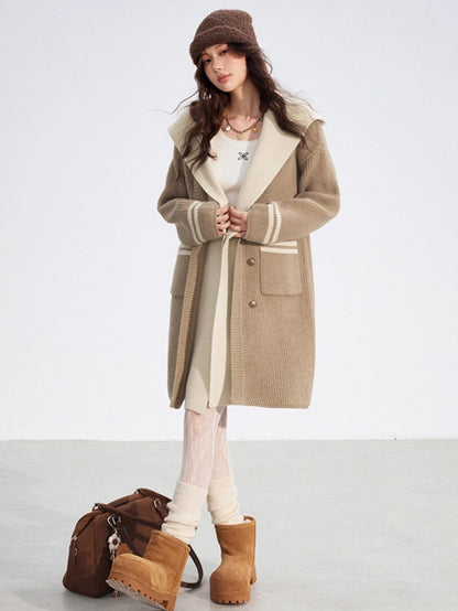 Detachable Collar Knit Hooded Long Cardigan