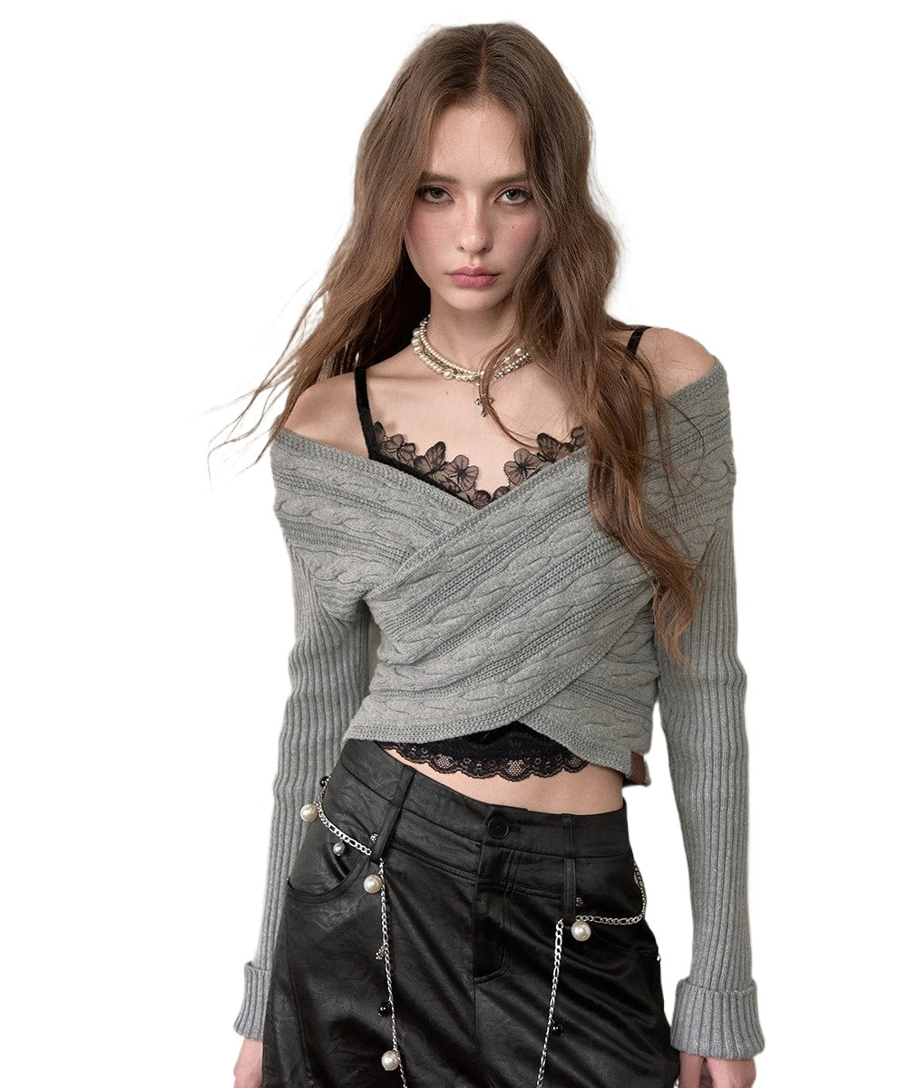 3D Cable Knit Cross Sweater