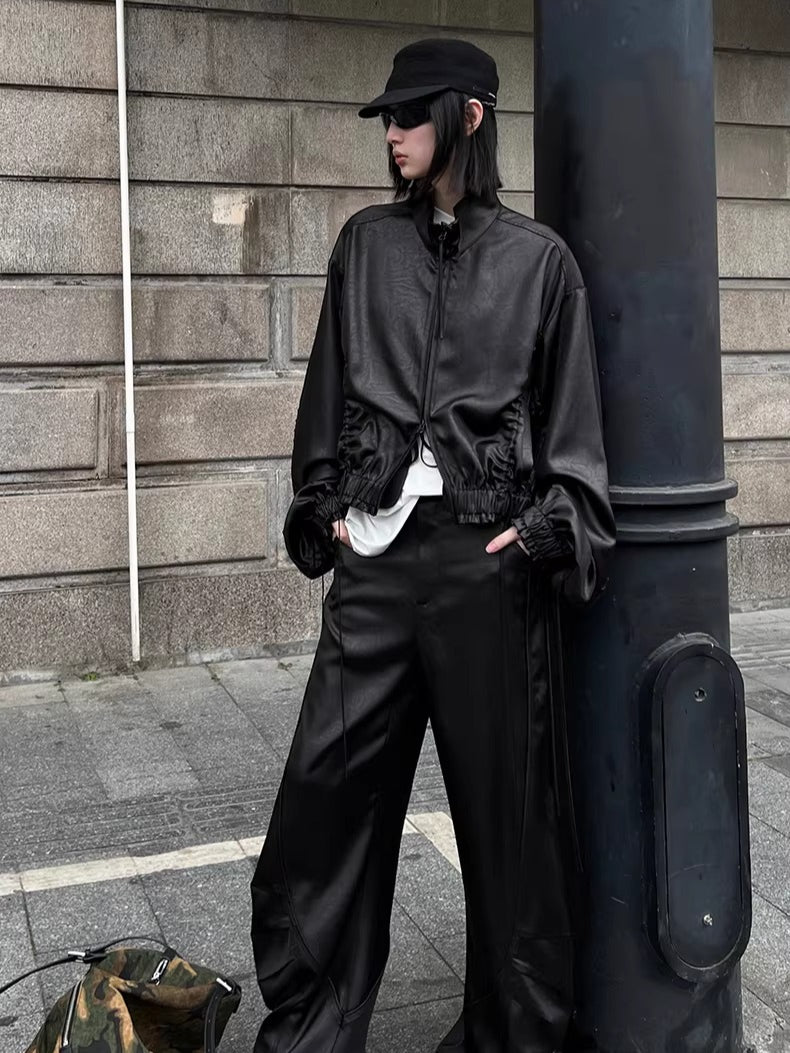 Draped Satin Pleated Wide-Leg Trousers