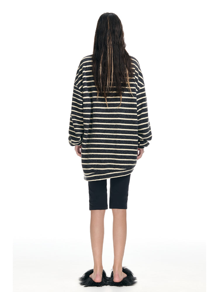 Striped Stand-Collar Fleece-Lined Loose Sweatshirt