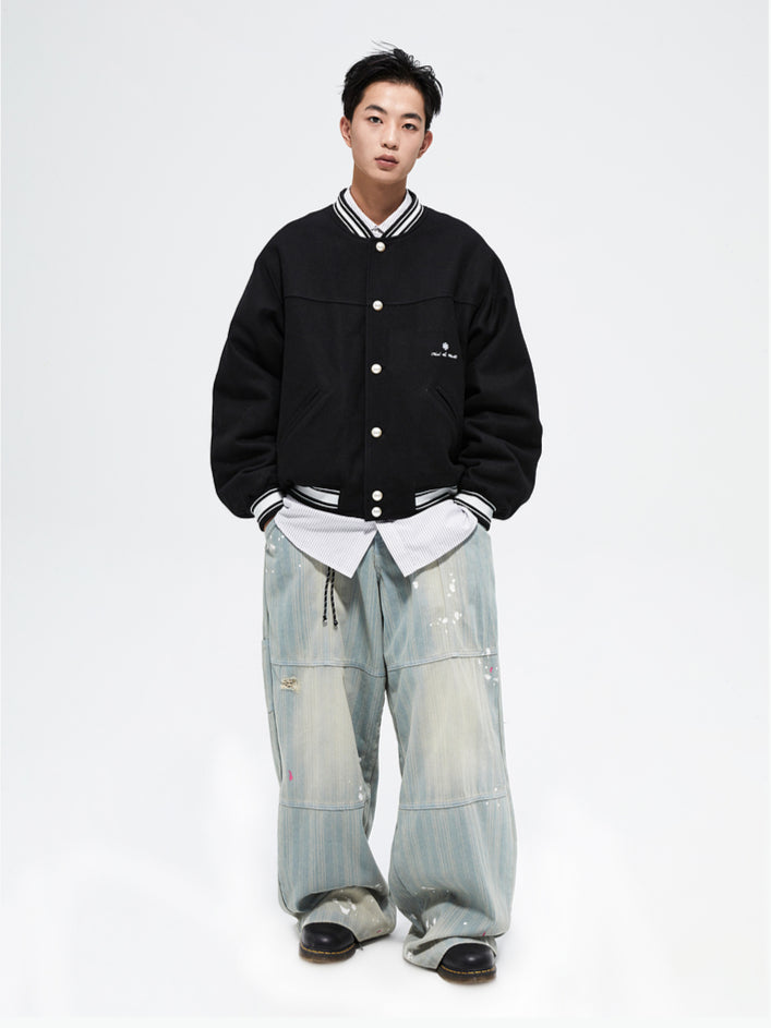 Splattered Wash Stripe Texture Workwear Denim Pants